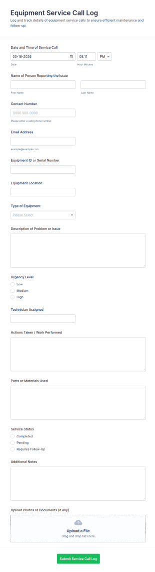 Equipment Service Call Log Form Template