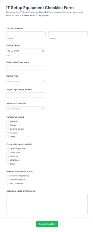 Equipment Setup Checklist Form Template