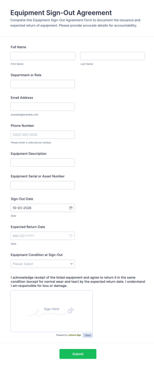 Equipment Sign Out Agreement Form Template