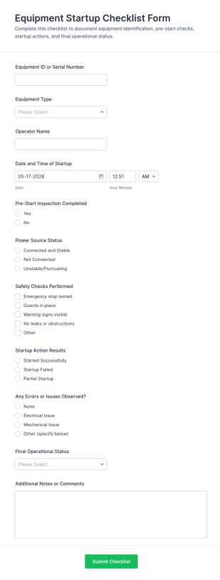 Equipment Startup Checklist Form Template
