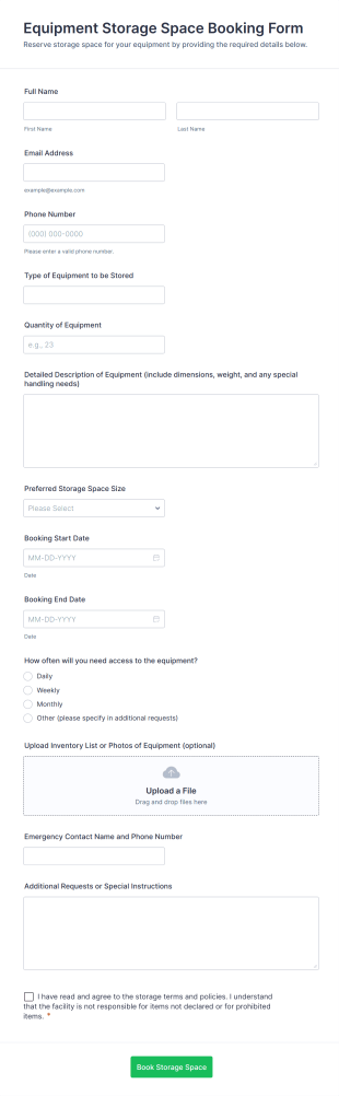 Equipment Storage Space Booking Form Template