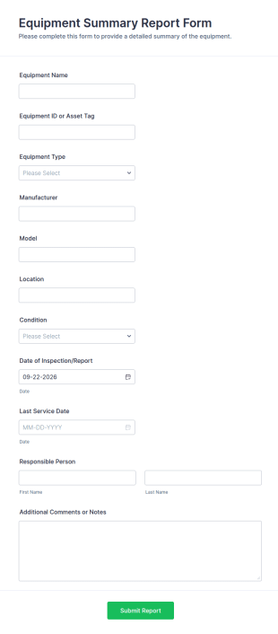 Equipment Summary Report Form Template