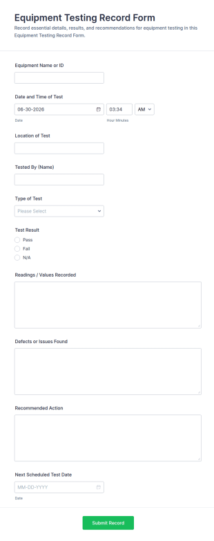 Equipment Testing Record Form Template