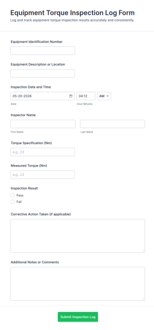Equipment Torque Inspection Log Form Template