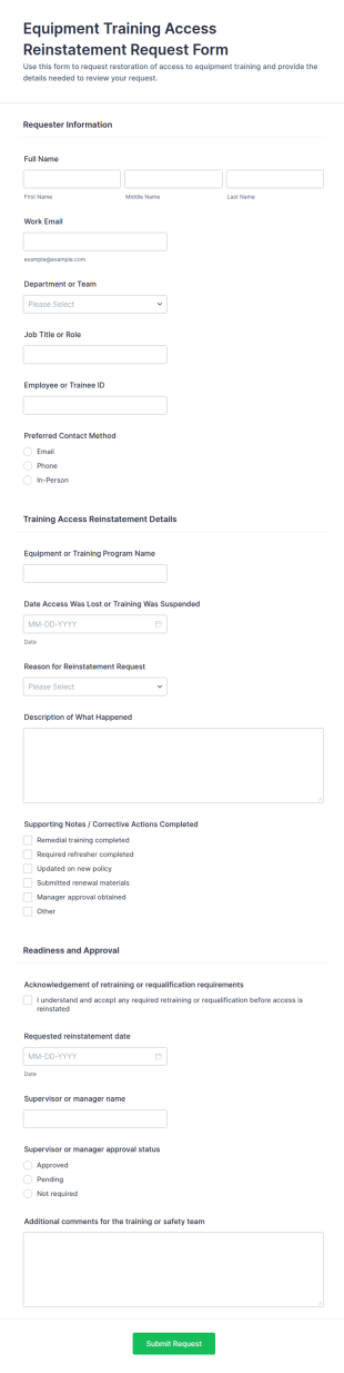 Equipment Training Access Reinstatement Request Form Template