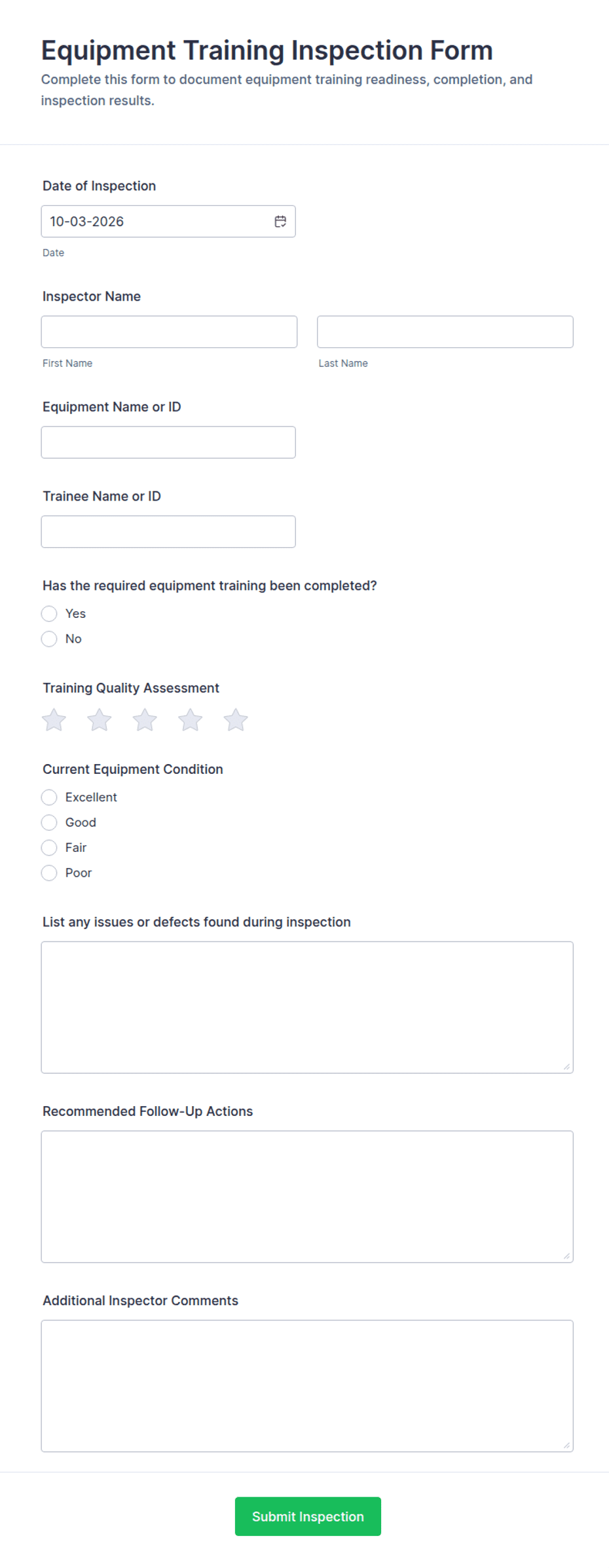 Example Insection Report Form Equipment Training Inspection Form Template | Jotform