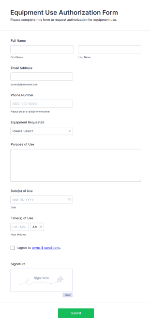 Equipment Use Authorization Form Form Template