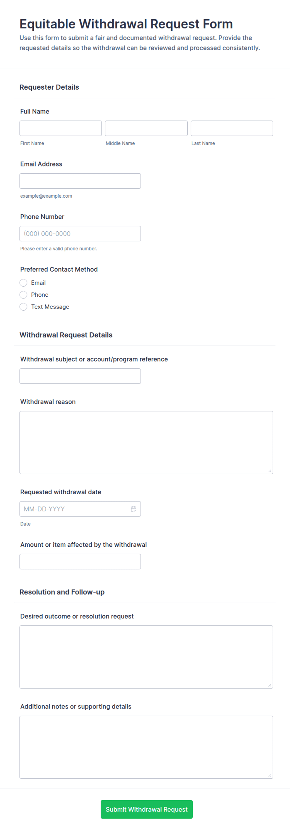 Equitable Withdrawal Request Form Template | Jotform