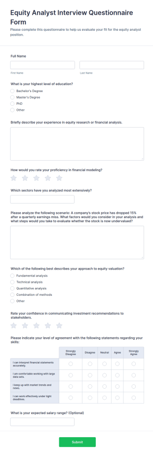 Equity Analyst Interview Questionnaire Form Template