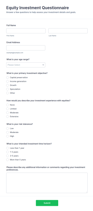 Equity Investment Questionnaire Form Template