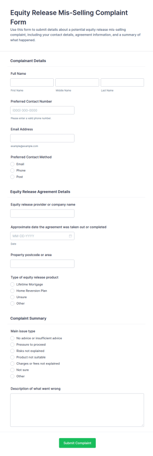 Equity Release Mis Selling Complaint Form Template