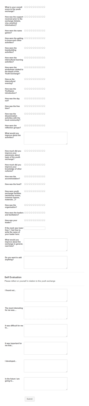Erasmus Evaluation Questionnaire Youth Exchange And Mobility Of Youth Workers Form Template