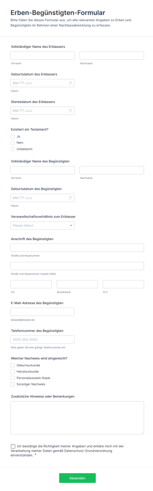 Erben Begünstigten Formular | Jotform