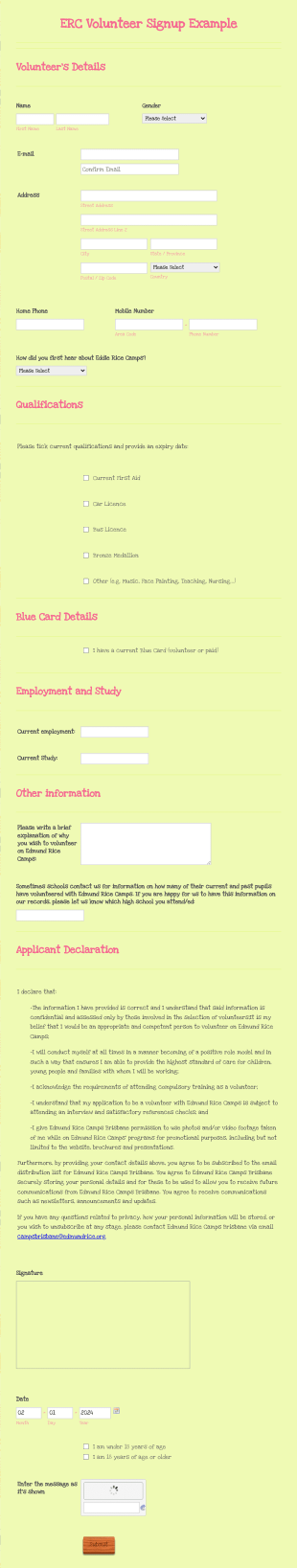 Erc Volunteer Signup Example Form Template