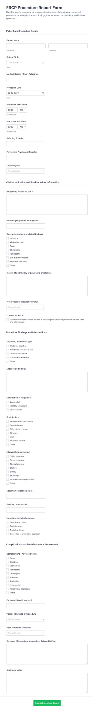 ERCP Procedure Report Form Template