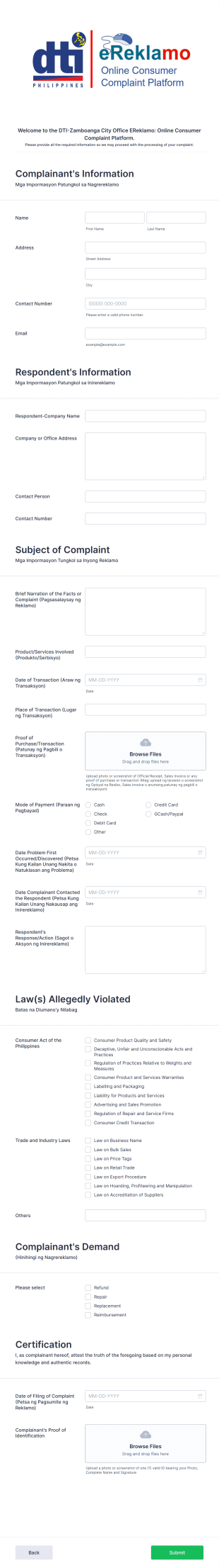 Online Consumer Complaint And Demand Form Template