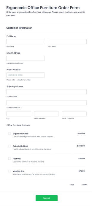 Ergonomic Office Furniture Order Form Template