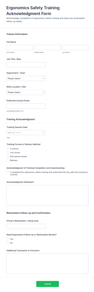 Ergonomics Safety Training Acknowledgment Form Template