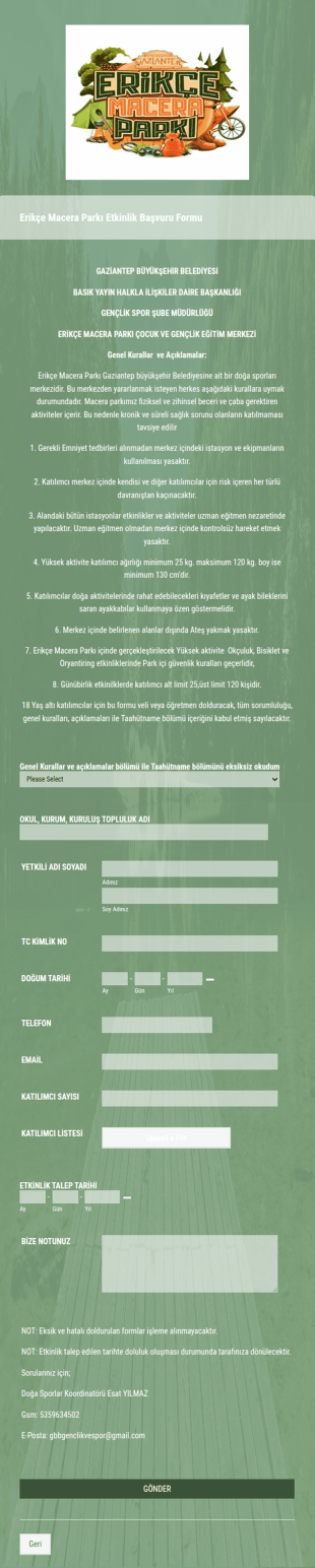 Erikçe Macera Parkı Etkinlik Başvuru Form Şablonu