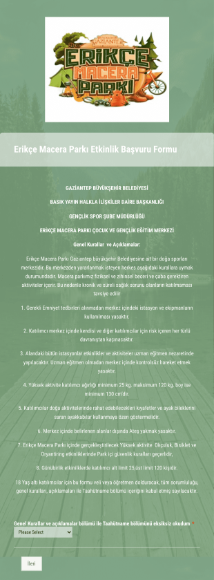 Erikçe Macera Parkı Etkinlik Başvuru Form Template