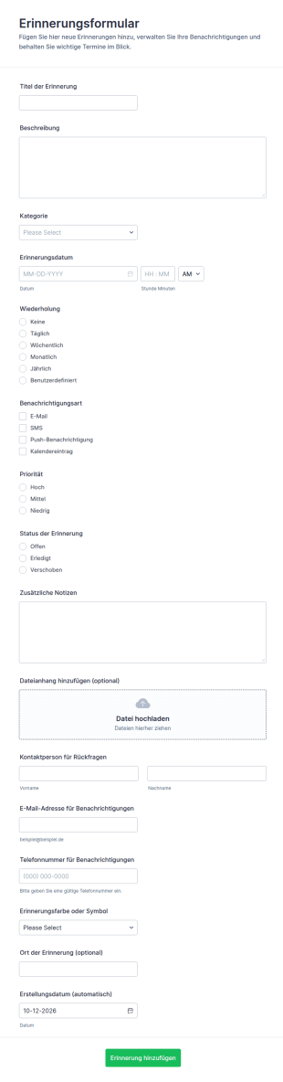 Erinnerung Hinzufügen Formular