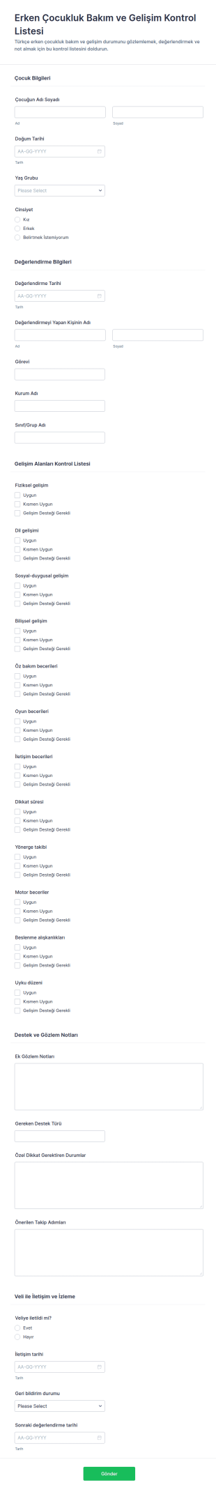 Erken Çocukluk Bakımı Ve Gelişimi Kontrol Listesi Form Şablonu
