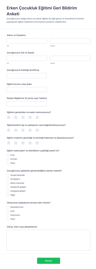 Erken Çocukluk Eğitimi Geri Bildirim Anketi Form Şablonu