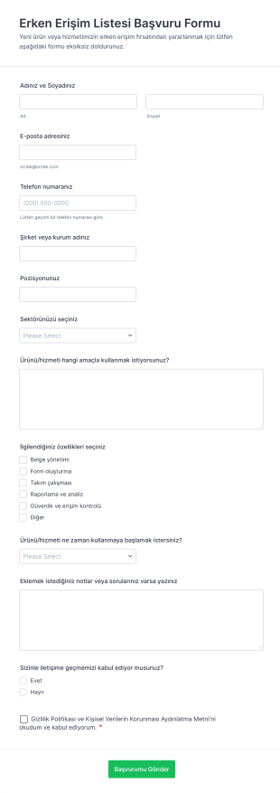 Erken Erişim Listesi Başvuru Form Şablonu