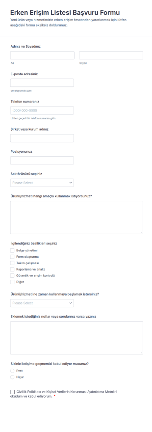 Erken Erişim Listesi Başvuru Form Şablonu
