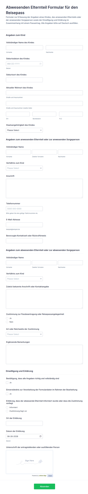 Erklärung Zur Abwesenheit Eines Elternteils (Reisepass) Formular