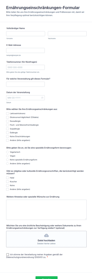 Ernährungseinschränkungen Formular