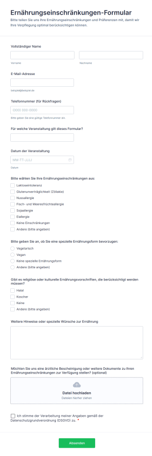 Ernährungseinschränkungen Formular