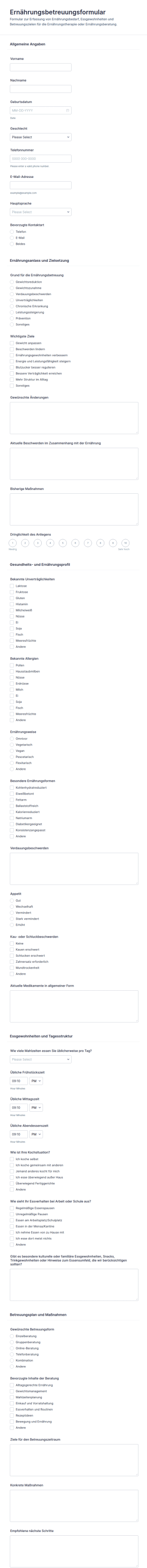 Ernährungsplan Formular