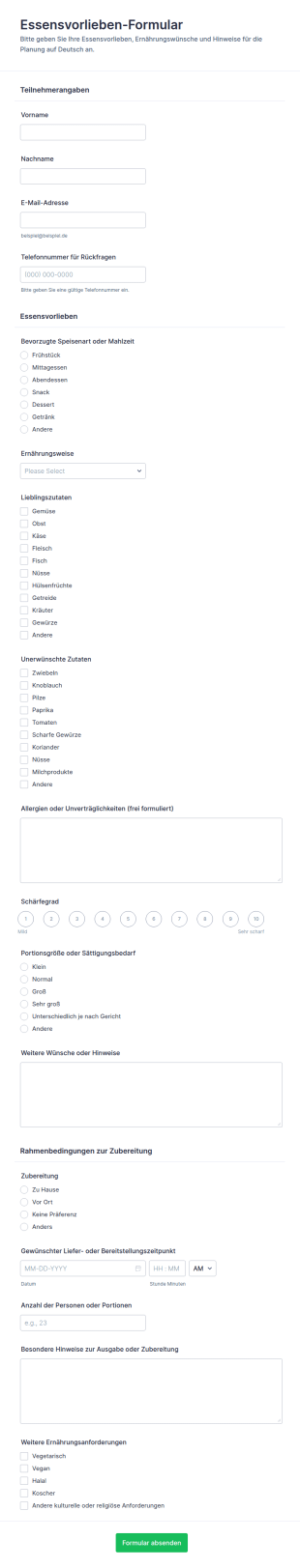 Ernährungspräferenzen Formular