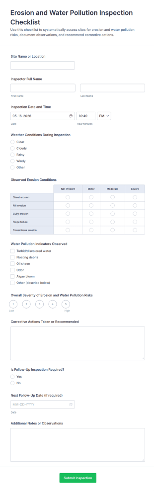 Erosion And Water Pollution Inspection Checklist Form Template