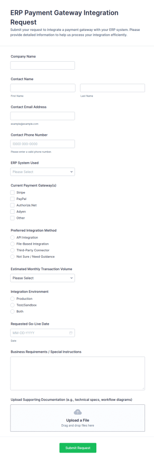 ERP Payment Gateway Integration Request Form Template