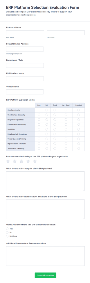 ERP Platform Selection Evaluation Form Template