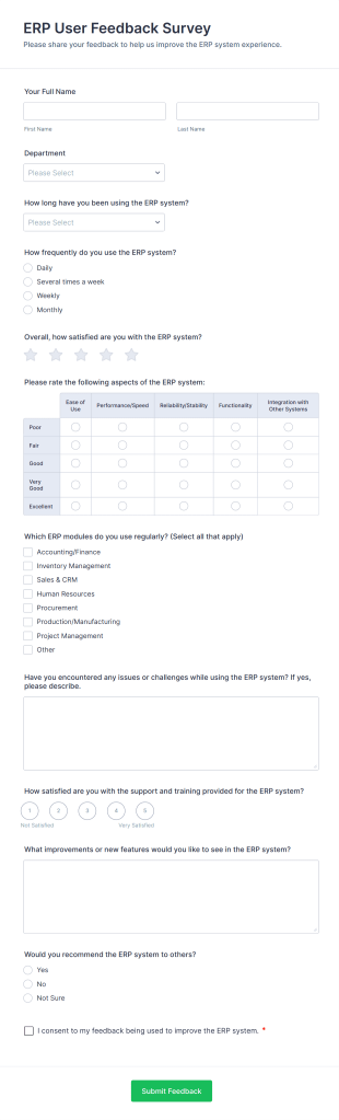 ERP User Feedback Survey Form Template