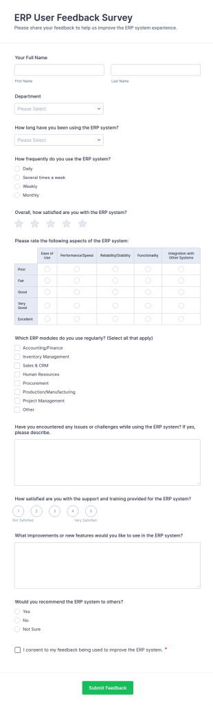 ERP User Feedback Survey Form Template