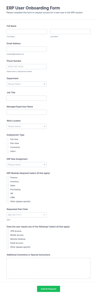 ERP User Onboarding Form Template