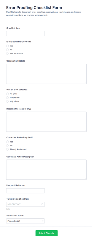 Error Proofing Checklist Form Template