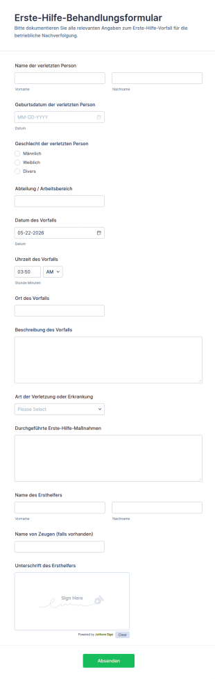 Erste Hilfe Behandlungsformular