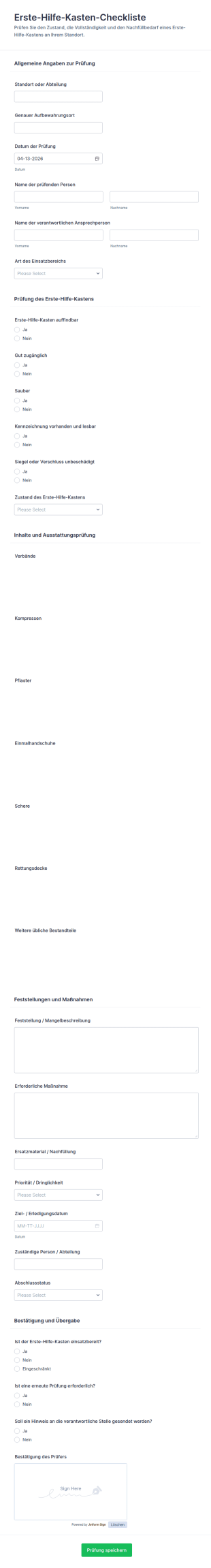 Erste Hilfe Kasten Inspektionsformular