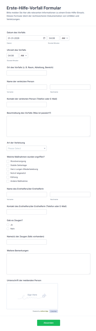 Erste Hilfe Vorfall Formular