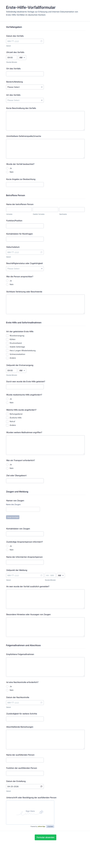Ersthelfer Unfallbericht Formular