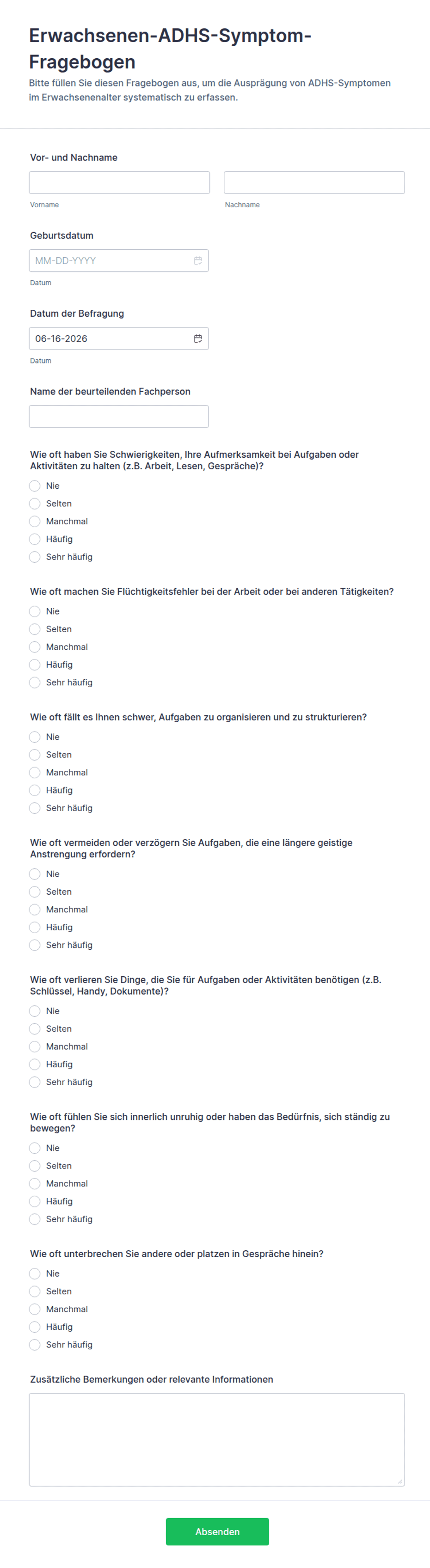 Erwachsenen-ADHS-Symptom-Fragebogen | Jotform