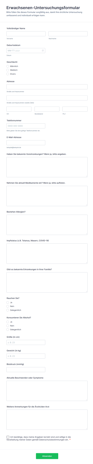 Erwachsenen Untersuchungsformular
