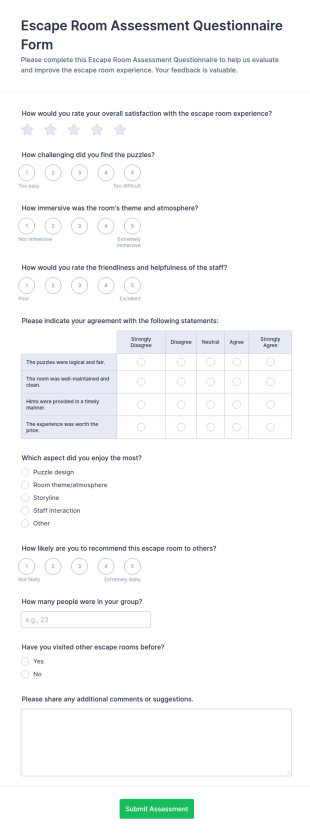 Escape Room Assessment Questionnaire Form Template