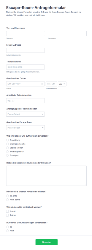 Escape Room Besuchsanfrage Formular
