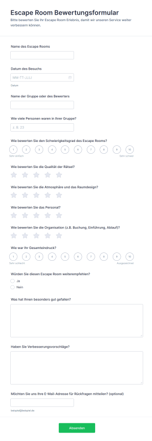Escape Room Bewertungsformular